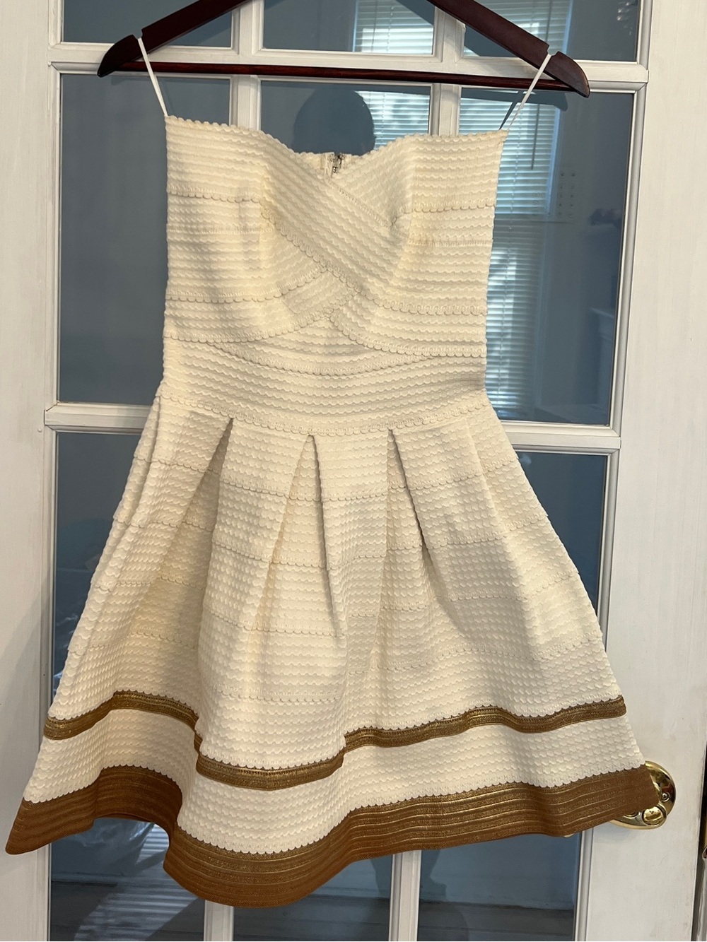 Alythea Women’s Ivory Textured Strapless Fit & Flare Dress Bronze Hem Size S